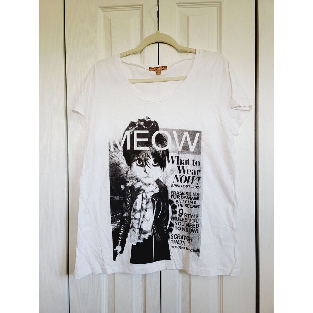 Ellen Tracy L Women's T-Shirt Tee Top Shirt Cat‎ Meow Magazine Cover White